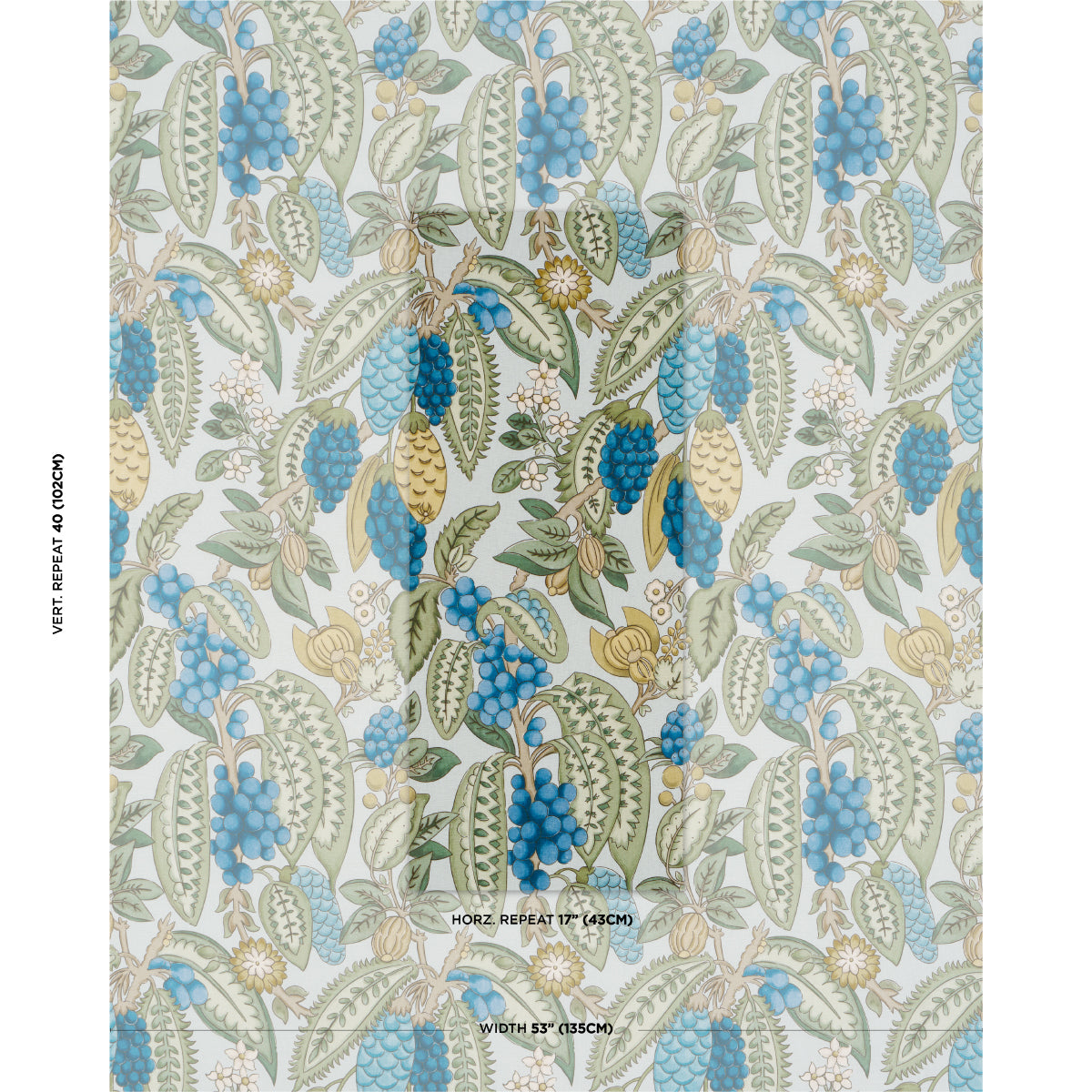 Botanical wallpaper with blue grape clusters and green-beige leaves in a classic repeating pattern.