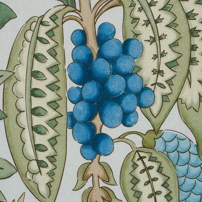Decorative fabric pattern with a blue grape cluster, brown stem, and curling green leaves.