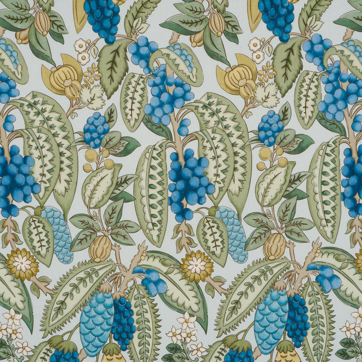 Botanical fabric print with blue grape clusters, yellow flowers, & green leaves on an ivory background.