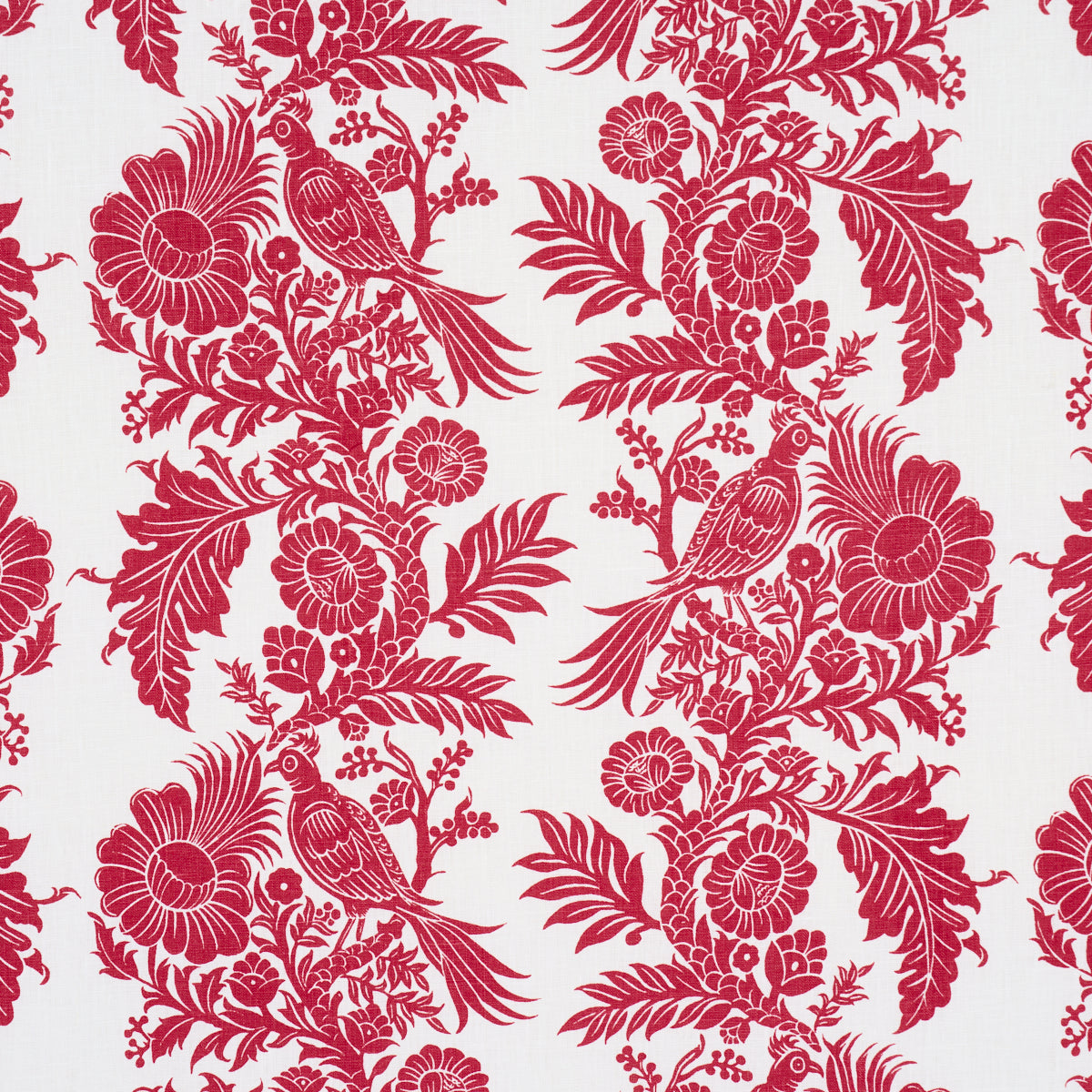 Red floral and bird damask pattern on white fabric; ornate botanical design.