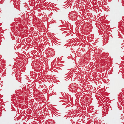 Red floral and bird damask pattern on white fabric; ornate botanical design.