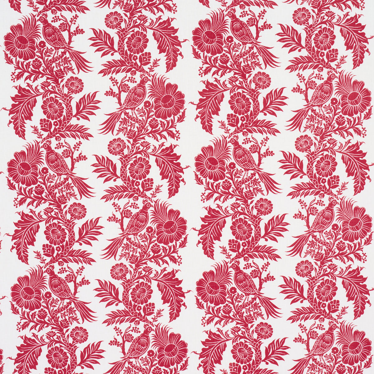Red botanical damask pattern with birds on white background, repeating floral vines for wallpaper or fabric.