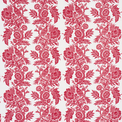 Red botanical damask pattern with birds on white background, repeating floral vines for wallpaper or fabric.