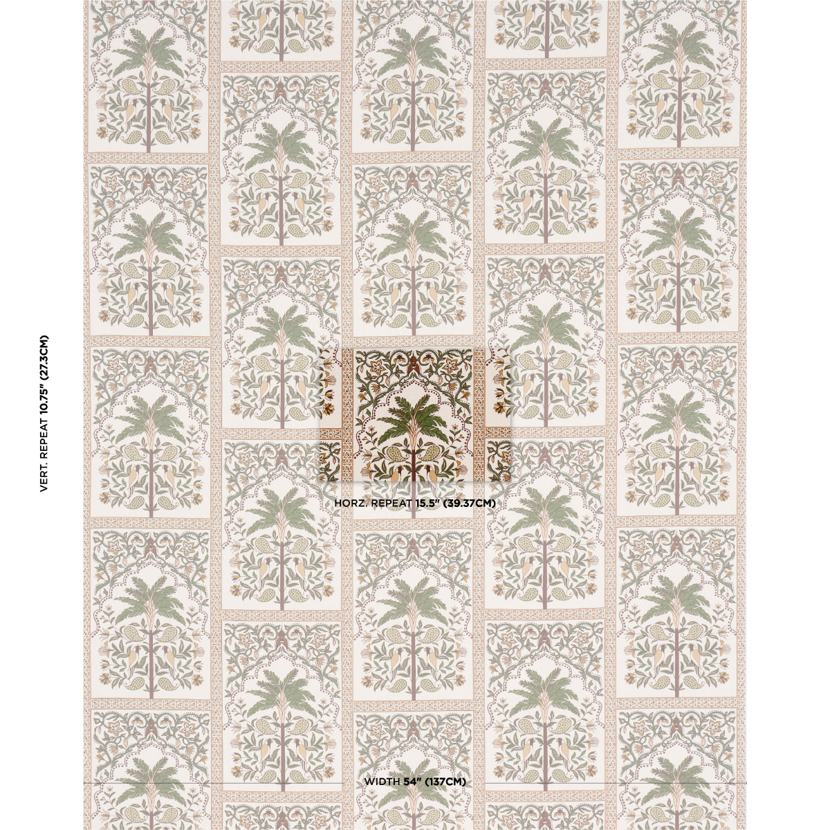 Beige wallpaper with repeating framed panels featuring a green palm tree and ornate borders in soft neutrals.