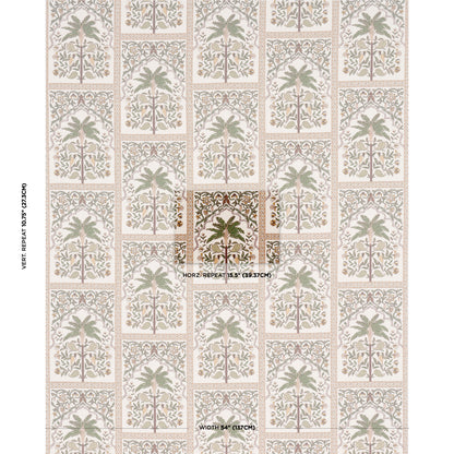 Beige wallpaper with repeating framed panels featuring a green palm tree and ornate borders in soft neutrals.