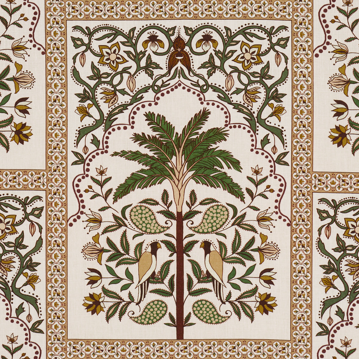 Beige print featuring a central palm tree, two birds, and green fruit clusters, framed by ornate green-brown floral borders.