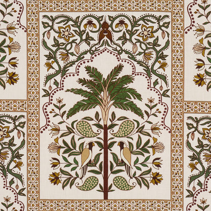 Beige print featuring a central palm tree, two birds, and green fruit clusters, framed by ornate green-brown floral borders.