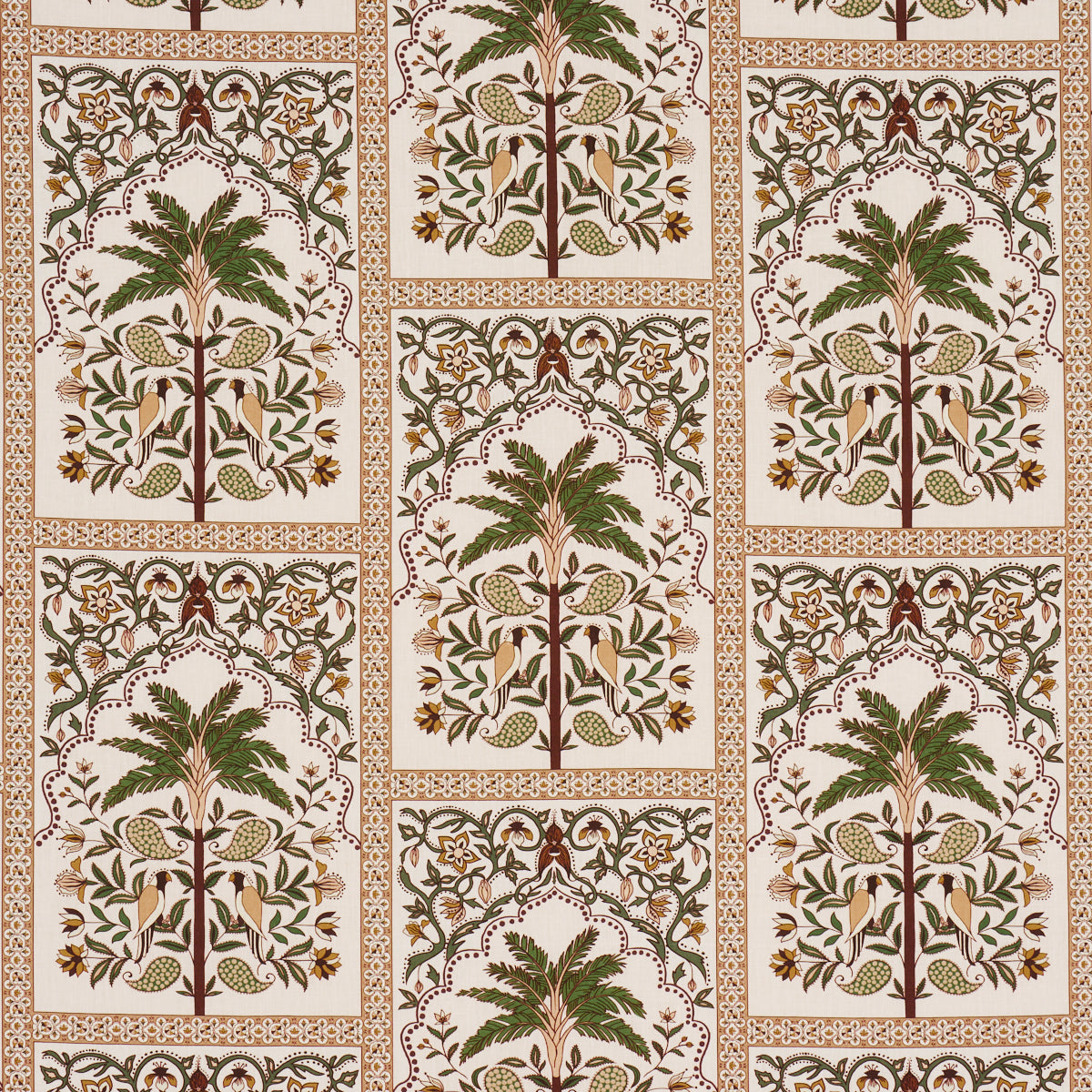 Ornate tile pattern with green palm-tree motifs, beige background and brown floral arches for vintage wallpaper or fabric.