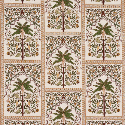 Ornate tile pattern with green palm-tree motifs, beige background and brown floral arches for vintage wallpaper or fabric.