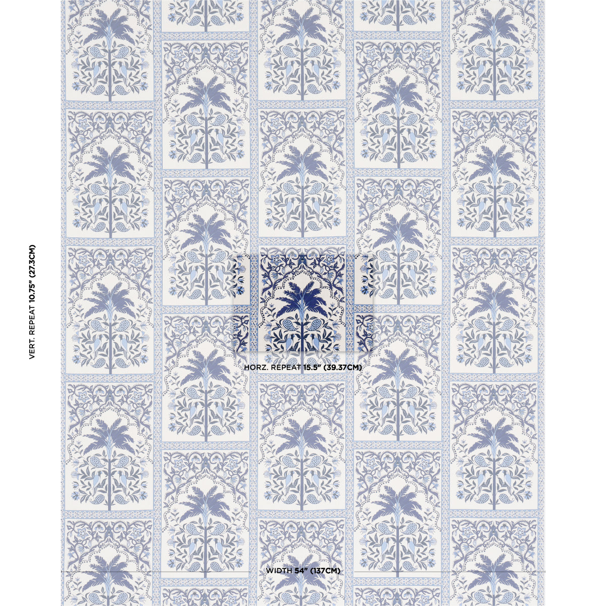 Blue and white wallpaper with repeating ornate framed palm-tree panels in a tile grid.