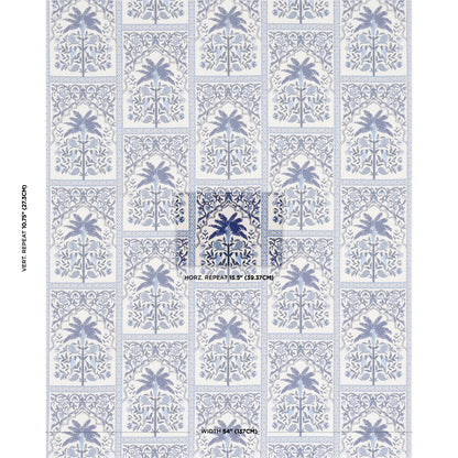 Blue and white wallpaper with repeating ornate framed palm-tree panels in a tile grid.