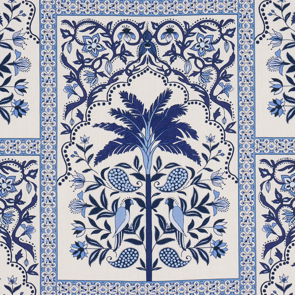 Blue and white tropical print featuring a central palm tree, two birds, fruit clusters, and ornate floral borders.