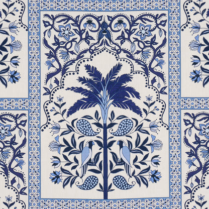 Blue and white tropical print featuring a central palm tree, two birds, fruit clusters, and ornate floral borders.