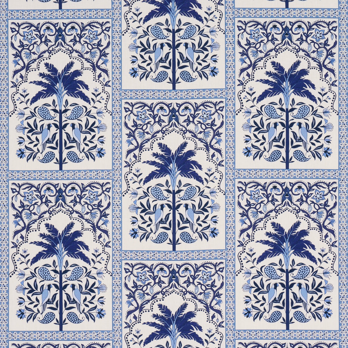 Blue and white Delft-style tile pattern with arch-framed palm-tree motif and floral borders, repeating.