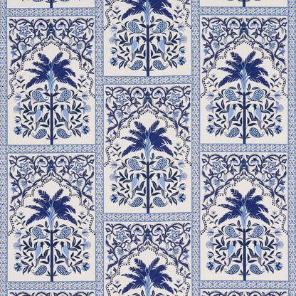 Blue and white Delft-style tile pattern with arch-framed palm-tree motif and floral borders, repeating.