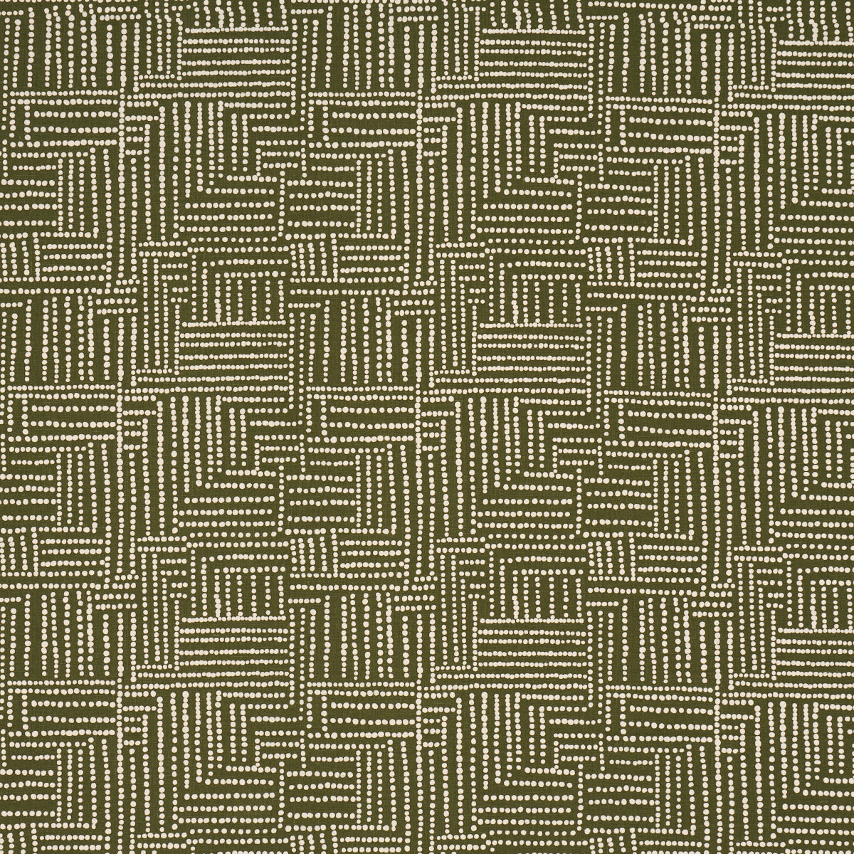 Olive green fabric with beige dotted geometric maze pattern, rectangular maze blocks; decorative upholstery or drapery textile.