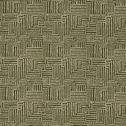 Olive green fabric with beige dotted geometric maze pattern, rectangular maze blocks; decorative upholstery or drapery textile.