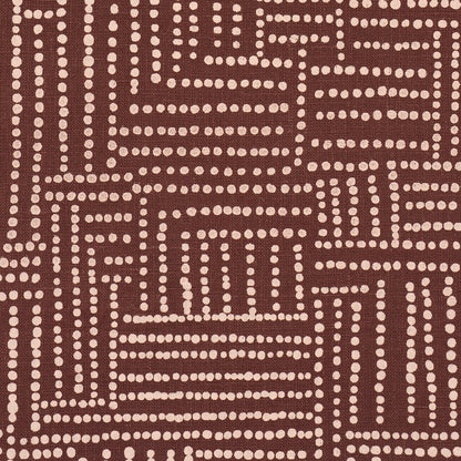 Brown fabric with cream dotted lines forming an interlocking rectangular grid; geometric textile for rug or upholstery.