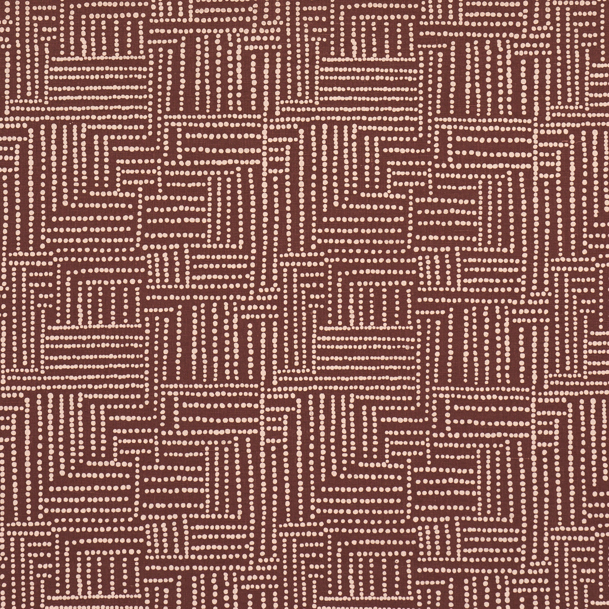 Brown fabric with tan dotted geometric blocks forming a lattice maze pattern.