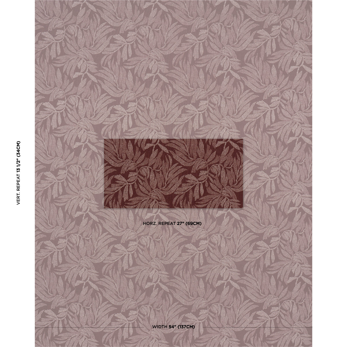 Dusty rose fabric with leafy botanical pattern; central dark rectangle shows repeat.