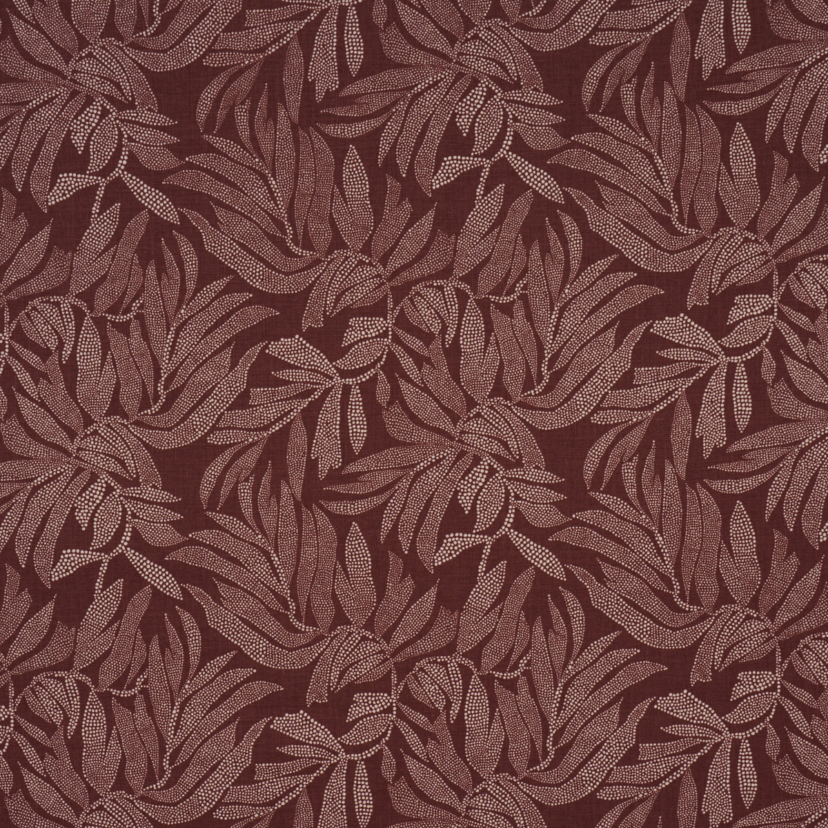 Dark burgundy fabric with lighter rose-toned leaf pattern, swirling leaf motifs.