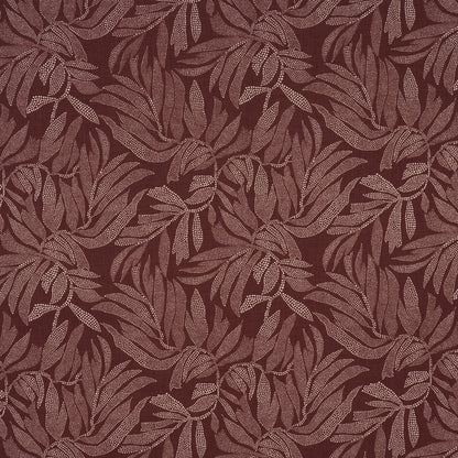 Dark burgundy fabric with lighter rose-toned leaf pattern, swirling leaf motifs.