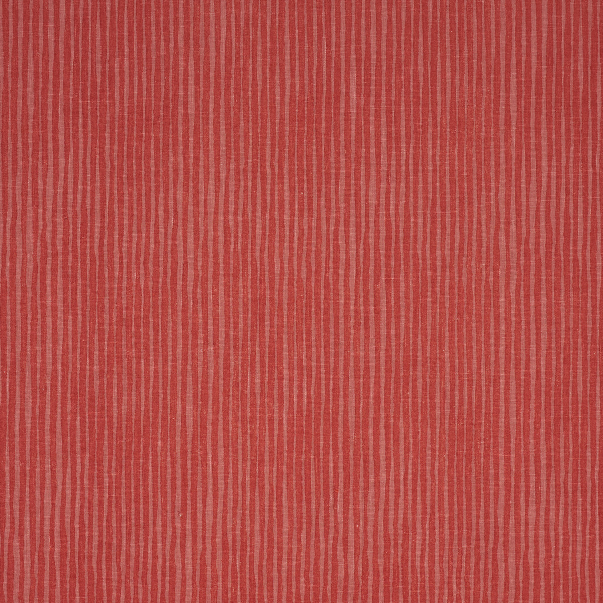 Red fabric with thin beige vertical stripes; textured textile for rug or upholstery.