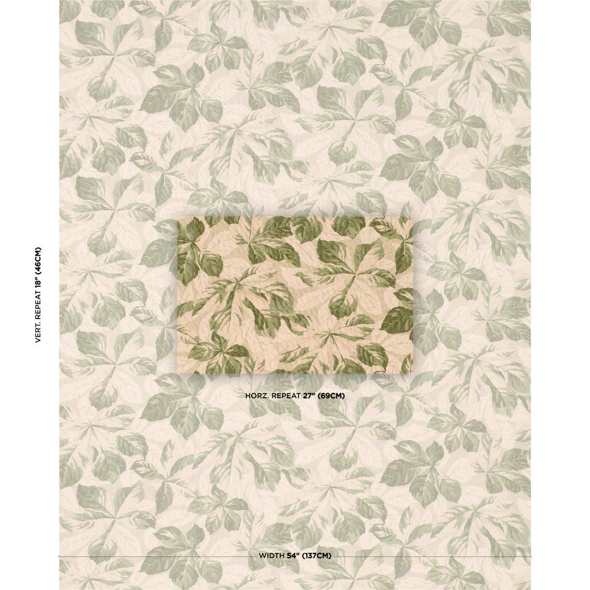 Beige wallpaper with pale green leafy botanical pattern; tile preview shows 27" horizontal repeat and 54" width.