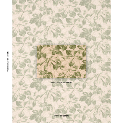Beige wallpaper with pale green leafy botanical pattern; tile preview shows 27" horizontal repeat and 54" width.