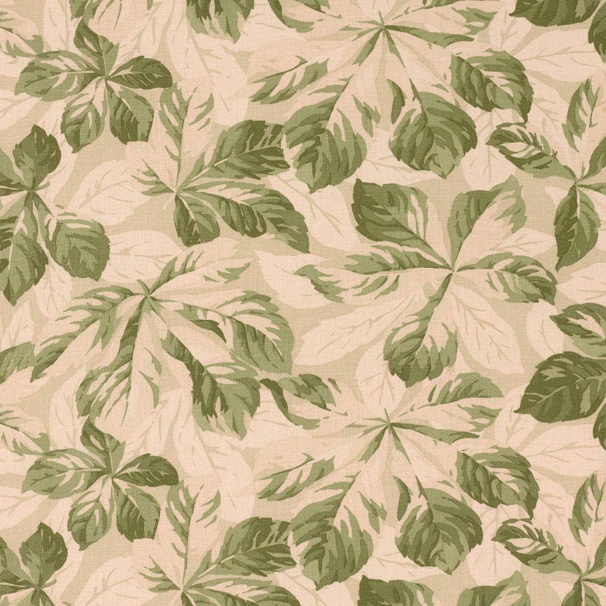 Beige background with olive-green palmately-leaved botanical print; suitable for wallpaper or upholstery.