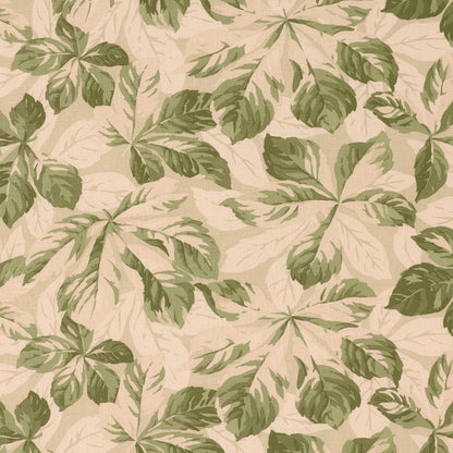 Beige background with olive-green palmately-leaved botanical print; suitable for wallpaper or upholstery.
