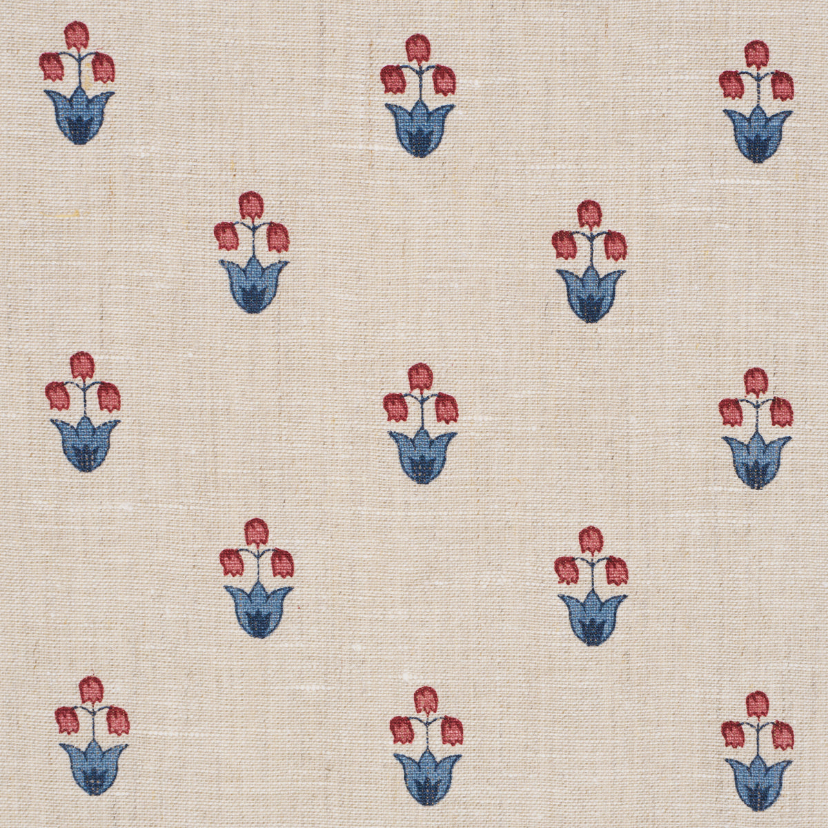 Beige linen-look fabric with small red tulip motifs in blue leaves, repeating floral pattern for upholstery or crafts.