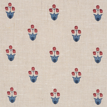 Beige linen-look fabric with small red tulip motifs in blue leaves, repeating floral pattern for upholstery or crafts.