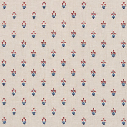 Beige linen fabric with small repeating red and blue tulip floral pattern, vintage folk-inspired textile.