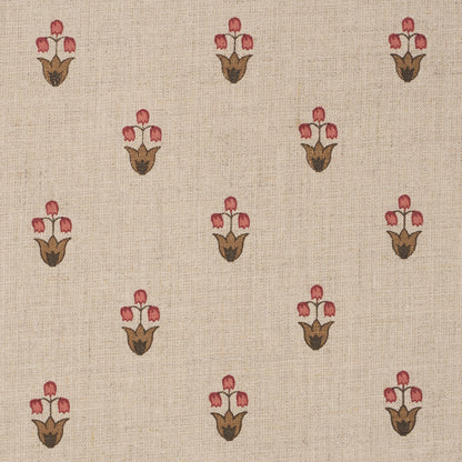 Beige linen-look fabric with repeating pink tulip bouquet motifs on brown stems; decorative upholstery textile.