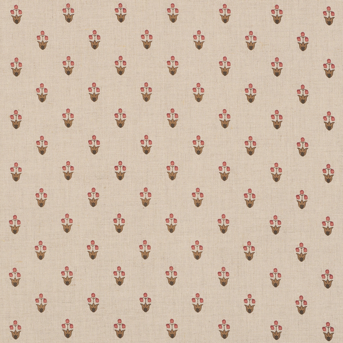 Beige textured fabric with a repeating pink and brown floral motif, vintage floral pattern for upholstery or wallpaper.