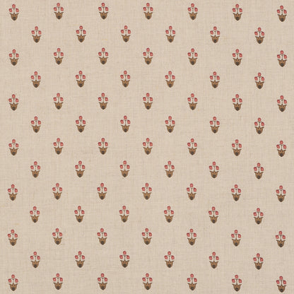 Beige textured fabric with a repeating pink and brown floral motif, vintage floral pattern for upholstery or wallpaper.