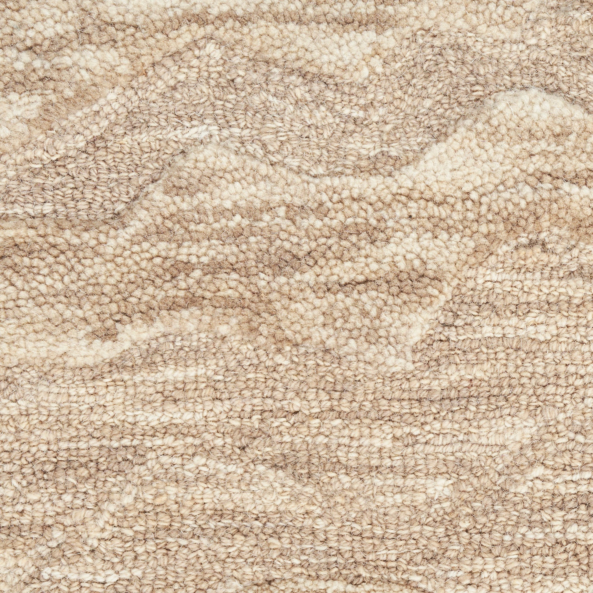 Beige textured loop-pile carpet with subtle tan swirls and plush, cozy look.
