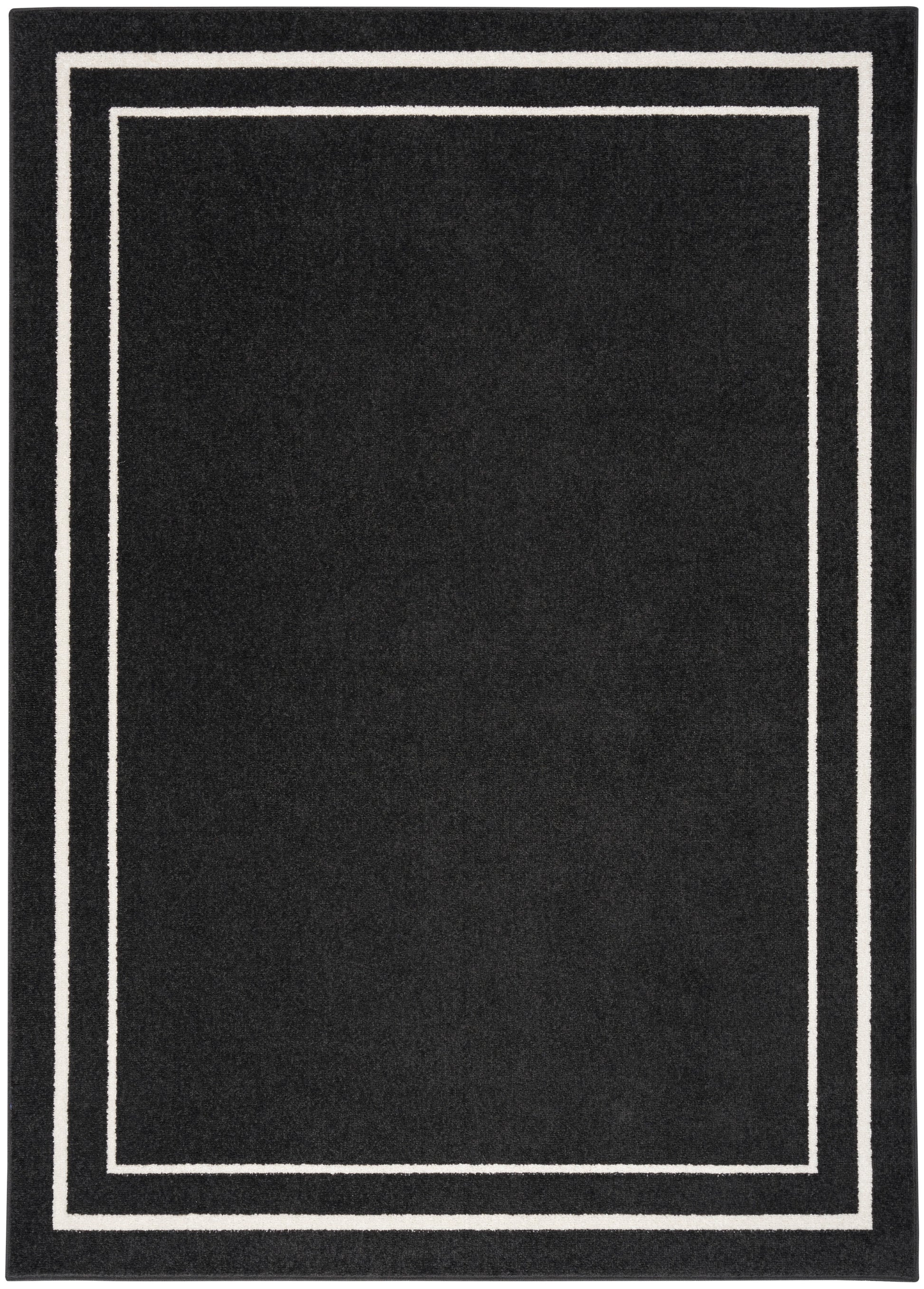 Black rectangular rug with double white border frames along the edges.