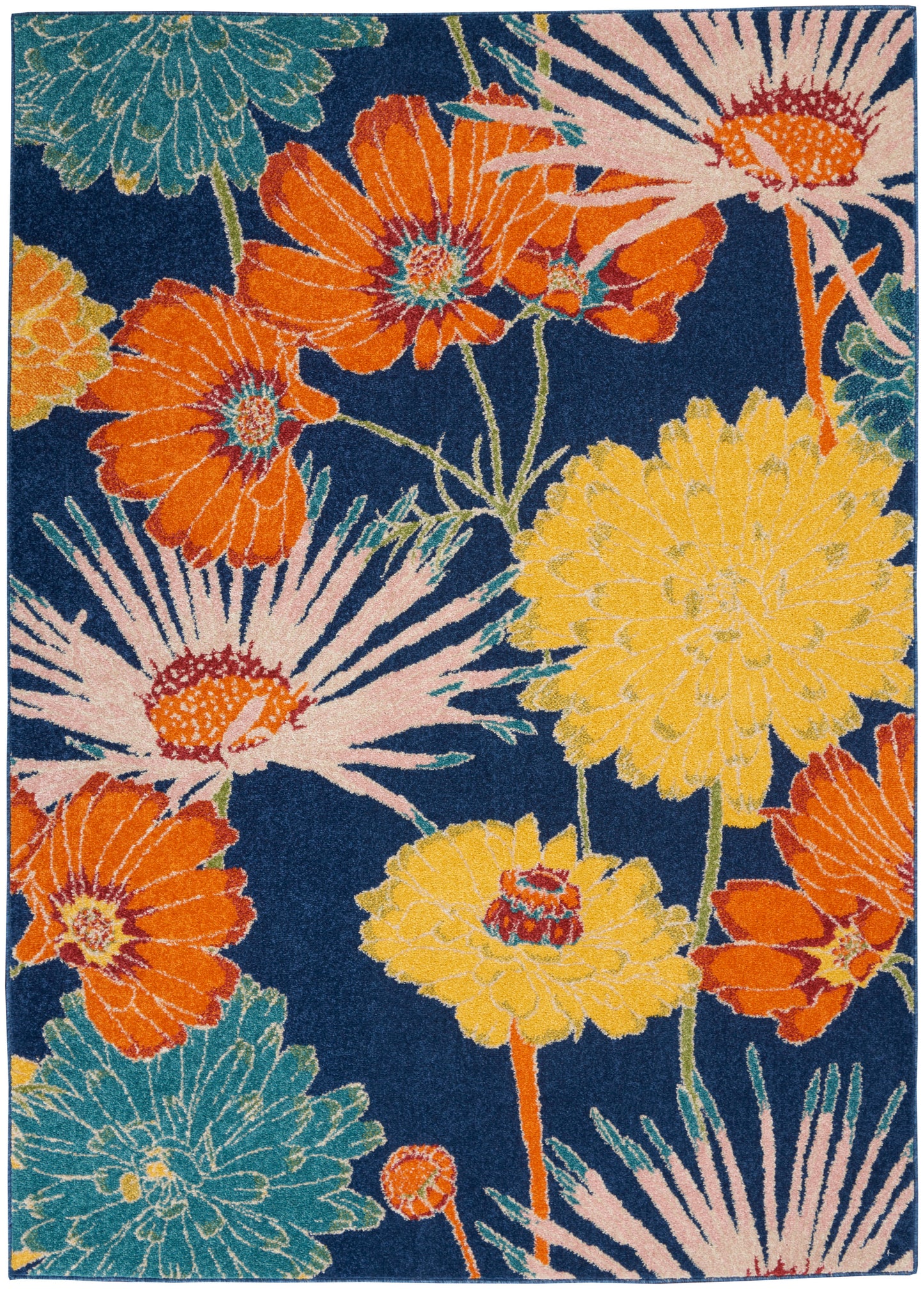 Bold floral area rug with navy background and large orange, yellow, teal and pink blooms.