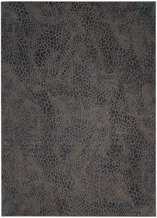 Dark brown rug with a pebbled leather-like texture and irregular scale pattern; reptile-skin style rug, 9' x 12'.