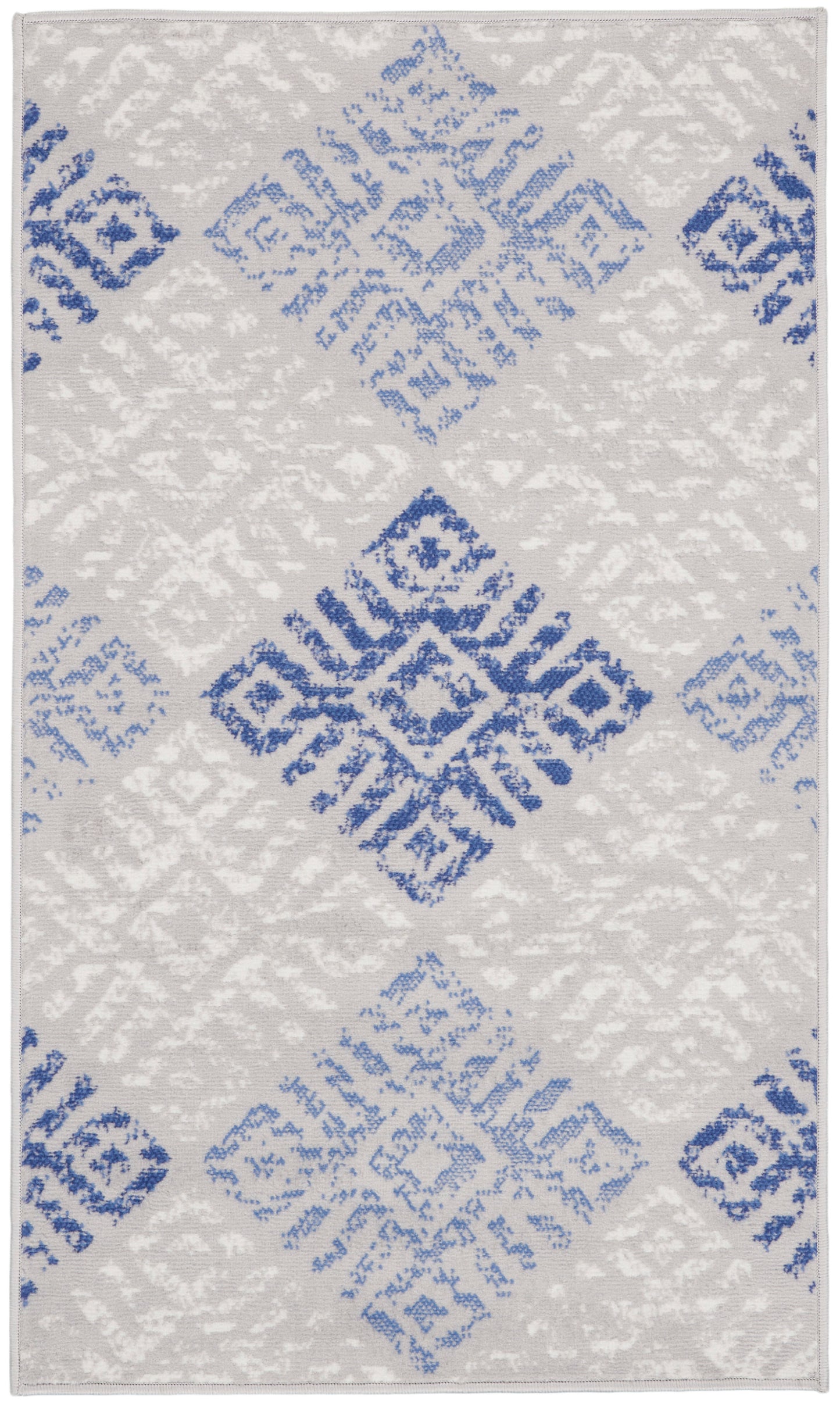 Rectangular area rug with a light gray backdrop and blue geometric diamond motifs in a repeating Bohemian-inspired pattern, 3' x 5'.