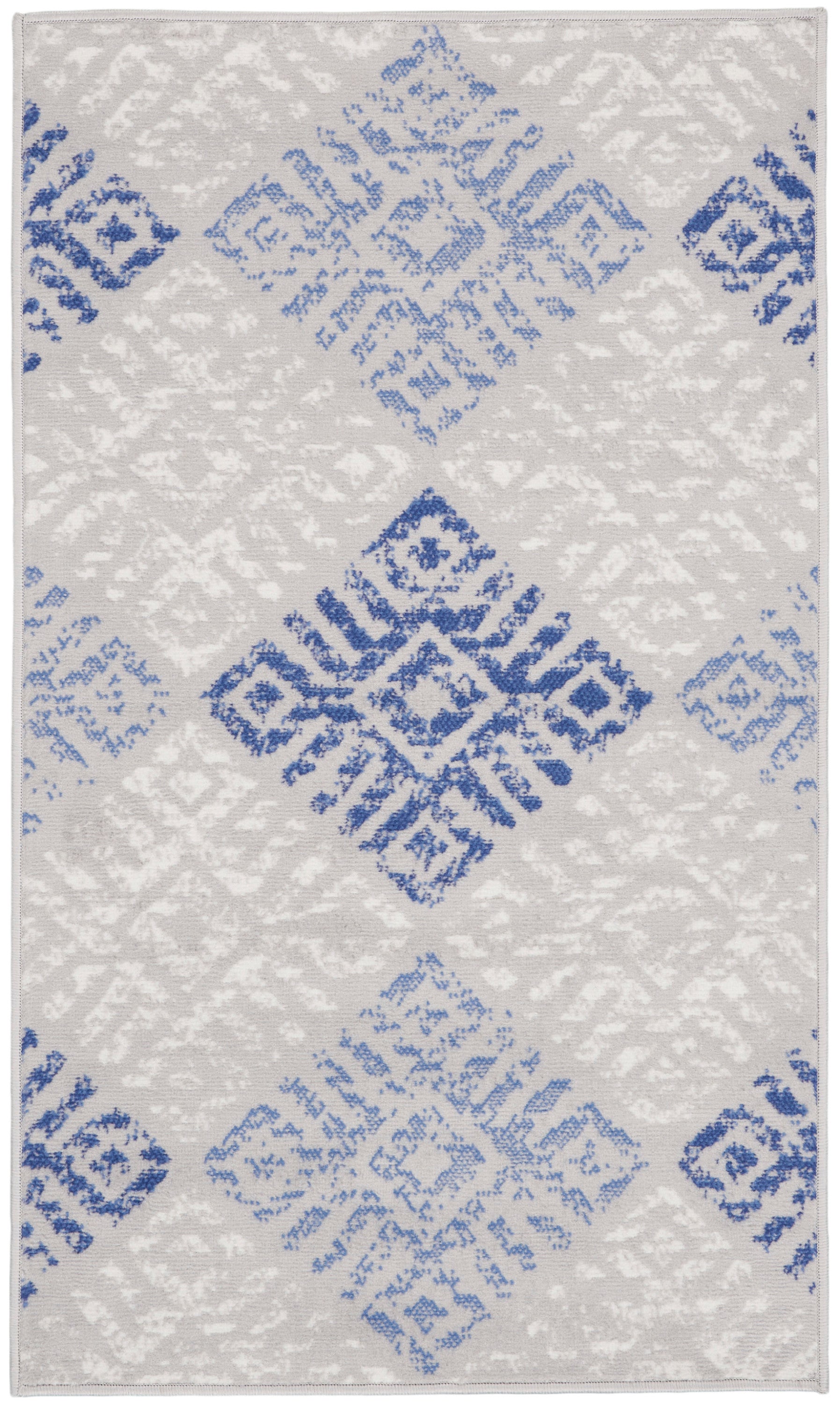 Rectangular area rug with a light gray backdrop and blue geometric diamond motifs in a repeating Bohemian-inspired pattern, 3' x 5'.