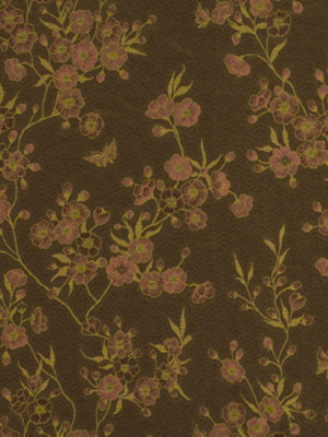 Dark brown fabric with pink blossoms and green stems in a vintage floral damask pattern; ideal for upholstery or drapes.