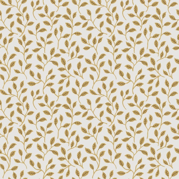 Cream backdrop with a seamless gold botanical leaf pattern; elegant repeating branches for wallpaper or fabric.