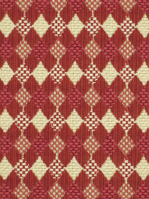Red and ivory diamond lattice jacquard upholstery fabric with a bold geometric weave.