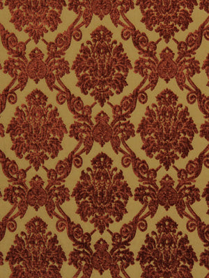 Saffron damask pattern on a gold-beige background; ornate brocade-style upholstery fabric.