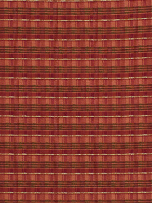 Red plaid woven fabric with thin yellow and brown stripes; warm textile for upholstery or apparel.