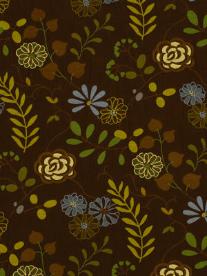 Brown fabric with repeating botanical pattern: yellow, olive green & blue flowers, vines & leaves.