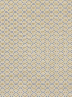 Cream fabric with blue lattice diamond pattern and small yellow dots.